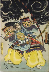 Folha de um tríptico de gravuras a cores, representando Minamoto no Yorimasa, auxiliado por Ii Hayata e Watanabe Choshichi, a abater a nue do telhado do palácio do Imperador Konoe: Japão, Edo, de Utagawa Kuniyoshi, c. 1820 - 1825