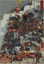 Folha de um tríptico de impressão de xilogravura colorida, intitulada Eiroku yonnen kugatsu yokka Kawanakajima kassen ni Yamamoto Kansuke ny D No uchijini no zu