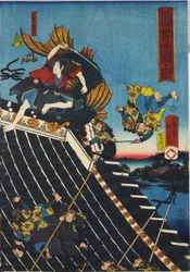 Folha de um tríptico de impressão em xilogravura colorida, intitulado H Ryukaku sh no zu representando uma cena do Hakkenden de Takiwzawa Bakin mostrando uma luta no telhado do templo entre Inuzuka Shino