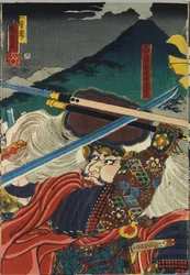 Folha de um tríptico de xilogravuras a cores, intitulado Kawanakajima kassen (A Batalha de Kawanakajima), representando em primeiro plano o encontro pessoal dos dois líderes, Uesugi Kenshin (à esquerda) e Takeda Shingen: Japão, Edo