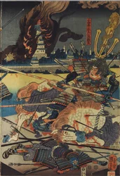 Folha de um tríptico impresso a cores, intitulado Shinshū Odai kassen no zu (The Battle of Odai in Shinano Province), retratando Odai Akarokurō Yorisada atirando três homens enquanto o seu castelo arde no fundo: Japão, Edo, de Utagawa Kuniyoshi