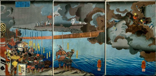 Takeda Shingen Chrushes the Forces of Suwa Yorishige (Takeda Shingen Suwa Yorishige no jinchū o uchi-kuzusu zu), c.1850-51