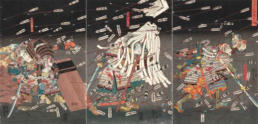 O último estande do Kusunoki em Shijonawate Nanke yushi shijonawate nite uchijini, c.1851.