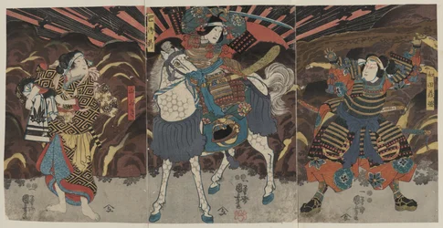 Três actores nos papéis dos samurais Wadai Yoshimori, Tomoe Gozen e Yamabuki