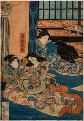 Tokiwa Gozen, amante de Minamoto no Yoshitsune, numa cena de Kabuki (xilogravura sobre papel)