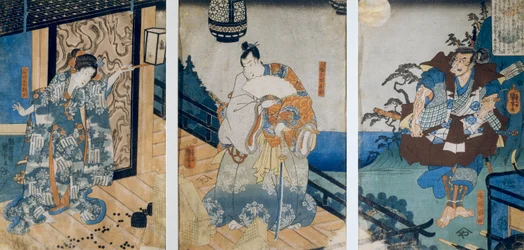 Tríptico com as Aventuras de Coxinga/ Watonai de Hachiman Taro Yoshiie, de Utagawa Kuniyoshi