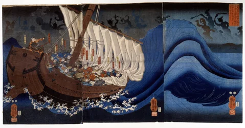Yoshitsune Minamoto atacado pelos espectros dos inimigos mortos. Pintura de Utagawa Kuniyoshi, início do século XIX.