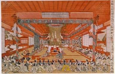 Uma Cerimônia Xintoísta representando uma cerimônia de adoração xintoísta, a religião mais antiga do Japão. Impressão japonesa de Utagawa Toyoharu (1735-1814). Paris, Museu Guimet, Museu de Artes Asiáticas.