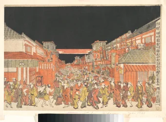 Gravura em perspetiva (Uki-e) dos teatros de Sakaichō e Fukiyachō na noite de abertura