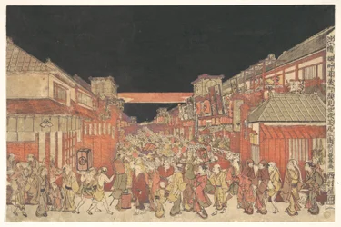 Vista de uma representação kaomise no teatro Yoshibai em Sakaichō Fukiyachō