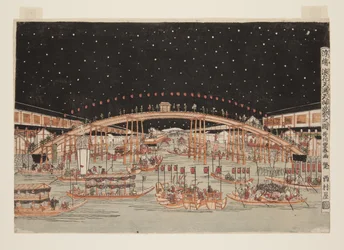 O Festival Tenma Tenjin na Noite em Osaka, uma Perspectiva (Uki-e Naniwa tenmantenjin yoru matsuri no zu) (impressão em bloco de madeira colorida)