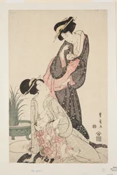 Two Women with Goldfish and Nursing Baby (impressão em bloco de madeira a cores)