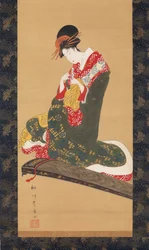 Mulher colocando palhetas de dedo para tocar o Koto, início do século 19.