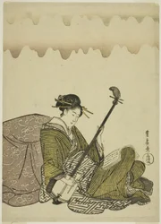 Mulher jogando shamisen, de uma série sem título de mulheres no lazer