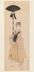 Jovem Mulher Carrega Pólo Adornado para uma Procissão, c.1805-6 (estampa de blocos de madeira, estampa estreita de koban tate-e surimono-estilo)