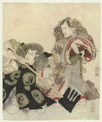 Ichikawa Danjûrô VII como Yoshimune no Munesada com fã e Ichikawa Omezô no papel de Sekibei com machado