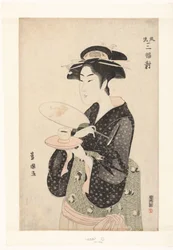 Retrato da garçonete Okita. Tríptico de belezas elegantes Furyu sampukutsui (título do objeto)