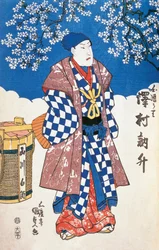 Ator japonês em quimono e fundo decorado com flores de maçã, de Utagawa Toyokuni, xilogravura