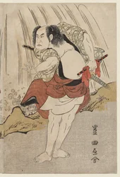 Kataoka Nizaemon VII e Ichikawa Yaozo III em confronto ao lado de uma cachoeira
