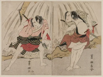 Kataoka Nizaemon VII e Ichikawa Yaozo III num confronto junto a uma cascata