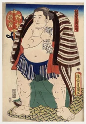"Retrato do lutador de sumo Kagamiiwa do Lado Oeste" Gravura de Utagawa Toyokuni (1769-1825) cerca de 1847 Coleção particular