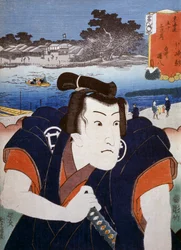 Retrato de um ator de teatro Kabuki, gravura de arte ukiyo-e de Utagawa Toyokuni (1769-1825), xilogravura. civilização japonesa, período Edo