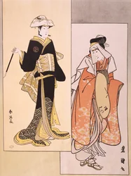 Retratos de atores em palco, cerca de 1794-1796, ukiyo-e de Shun-Yei (final do século XVIII) e Utagawa Toyokuni (1769-1825), reprodução da xilogravura, civilização japonesa, período Edo (1603-1868)