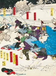 A Batalha da Neve, Samurai Defendendo uma Fortaleza Japonesa, de Utagawa Toyokuni, xilogravura