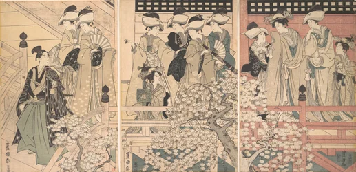 Belezas em uma varanda entre as flores de cerejeira de onde um samurai está partindo, ca. 1800.