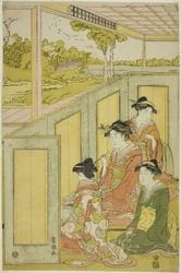 Senhoras por detrás do biombo na mansão de um daimyo
