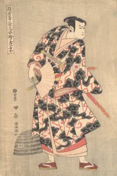 O ator Ichikawa Yaozo III no papel de Fuwa Banzaemon da peça Ukiyozuka hiyoku..., 1774.