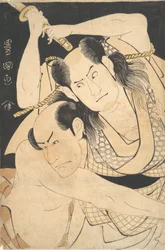 Os atores Sawamura Sojuro III segurando Sword Aloft, e Arashi Shichigoro III como Fight..., ca. 1798.