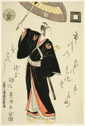 O ator Ichikawa Danjuro VI como Sukeroku na peça "Omiura Date no Nebiki", apresentada no Teatro Nakamura no terceiro mês de 1799
