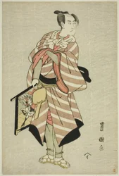 O ator Sawamura Sojuro III como o cavalo de carga Muchizo na peça "Miyamairi Musubi no Kamigaki", apresentada no Teatro Kiri no décimo primeiro mês de 1797