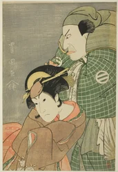 Os atores Kataoka Nizaemon VII como Iyo no Taro e Iwai Hanshiro IV como Kojoro-gitsune de Okazaki na peça "Seiwa Nidai Oyose Genji", apresentada no Teatro Miyako no décimo primeiro mês de 1796