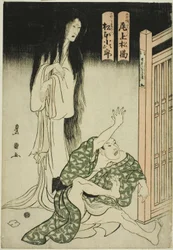 Os atores Onoe Matsusuke I como o fantasma da ama de leite Iohata e Matsumoto Kojiro como Mokuemon, na peça "Tokubei of India: Tales of Strange Lands (Tenjiku Tokubei ikoku banashi)"