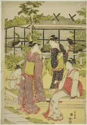 Mulheres visitando a casa de chá de pássaros e flores (Kachojaya)