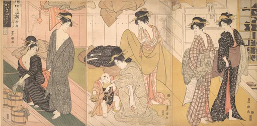 Mulheres e um menino em uma casa de banho pública, ca. 1799.