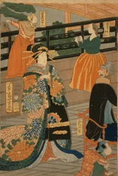 Visitantes de várias nações a desfrutar de uma festa na Sala do Leque do Gankirō, 1860