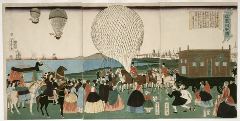Balonismo na América, pub. 1865 (xilogravura de cor manual)