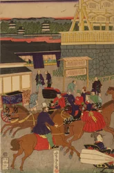 Seção de Nihonbashi florescente de Tóquio Nihonbashi de Tóquio han ei no zu Triptych