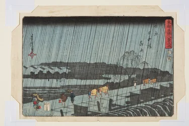 Chuva nocturna em Yoshiwara Nihondzutsumi (Yoshiwara Nihondzutsumi Yau) (impressão em bloco de madeira a cores)