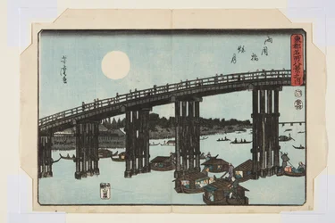 Ponte Ryogoku: Lua de Outono (Ryogokubashi Shugetsu) (impressão em bloco de madeira a cores)