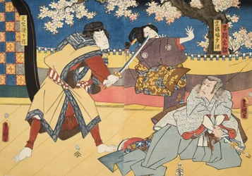 Cena de Genji monogatari (Conto de Genji) por Murasaki Shibuku (n. 978) c. 1860 (impressão em xilogravura a cores)