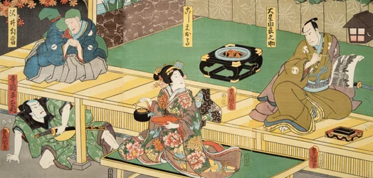 Cena de Genji monogatari (Conto de Genji) por Murasaki Shibuku (n. 978) c. 1860 (impressão em xilogravura a cores)