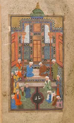 Cena do palácio em um Tuhfat al-Ahrar (Dom do livre) Bukhara, Uzbequistão, período de Uzbequistão, c.1540 (aquarela opaca, tinta e ouro no papel)