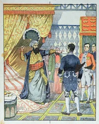O dey de Argel, Hussein ibn El Hussein, atinge o embaixador francês M. Deval com um leque, 27 de abril de 1827, capa de um manual escolar, 1891