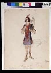 Figurinos para a ópera ""A Flauta Mágica"" de Wolfgang Amadeus Mozart (1756-1791)(Figurinista para a ópera ""die Zauberflote"" de W A Mozart). Obra de V.Bushina (início do século XIX). Aguarela, guache e ouro sobre papel