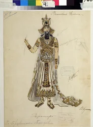 Figurinos para a ópera ""A Flauta Mágica"" de Wolfgang Amadeus Mozart (1756-1791)(Figurinista para a ópera ""die Zauberflote"" de W A Mozart). Obra de V.Bushina (início do século XIX). Aguarela, guache e ouro sobre papel