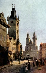 a praça Starometsky e a câmara municipal de Praga, c. 1900 (imprimir)
